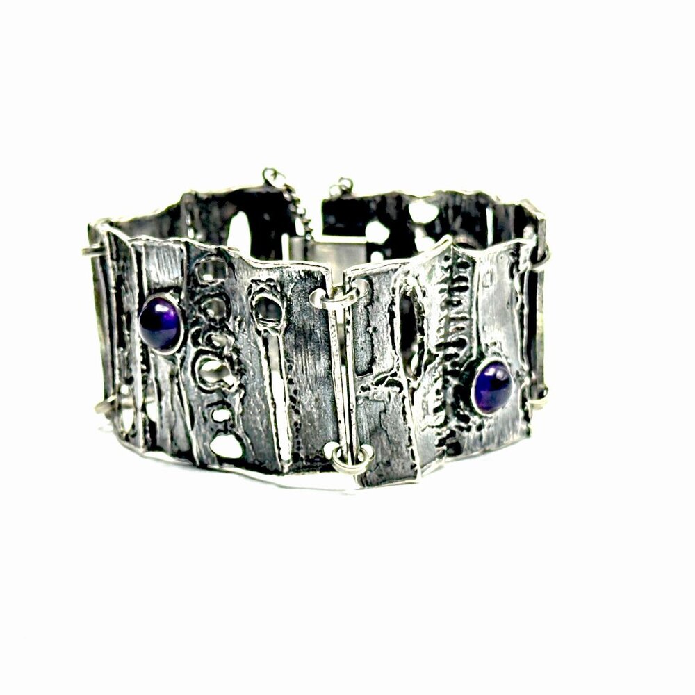 Vintage European 835 Silver & Amethyst Brutalist Panel Bracelet—MCM Masterpiece